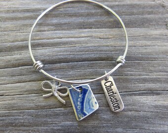 Historic Broken China wire bangle, silver bracelet with Charleston and Nautical Rope charms and blue porcelain piece OOAK