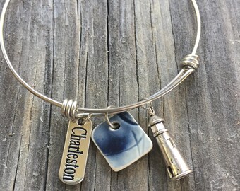 Historic Broken China wire bangle- Artifact jewelry, stainless bracelet with Charleston and lighthouse charms, blue OOAK Porcelain Charm