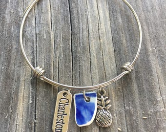 Historic Broken China wire bangle, silver bracelet with Charleston and Pineapple charms and blue china piece- Artifact Jewelry ooak