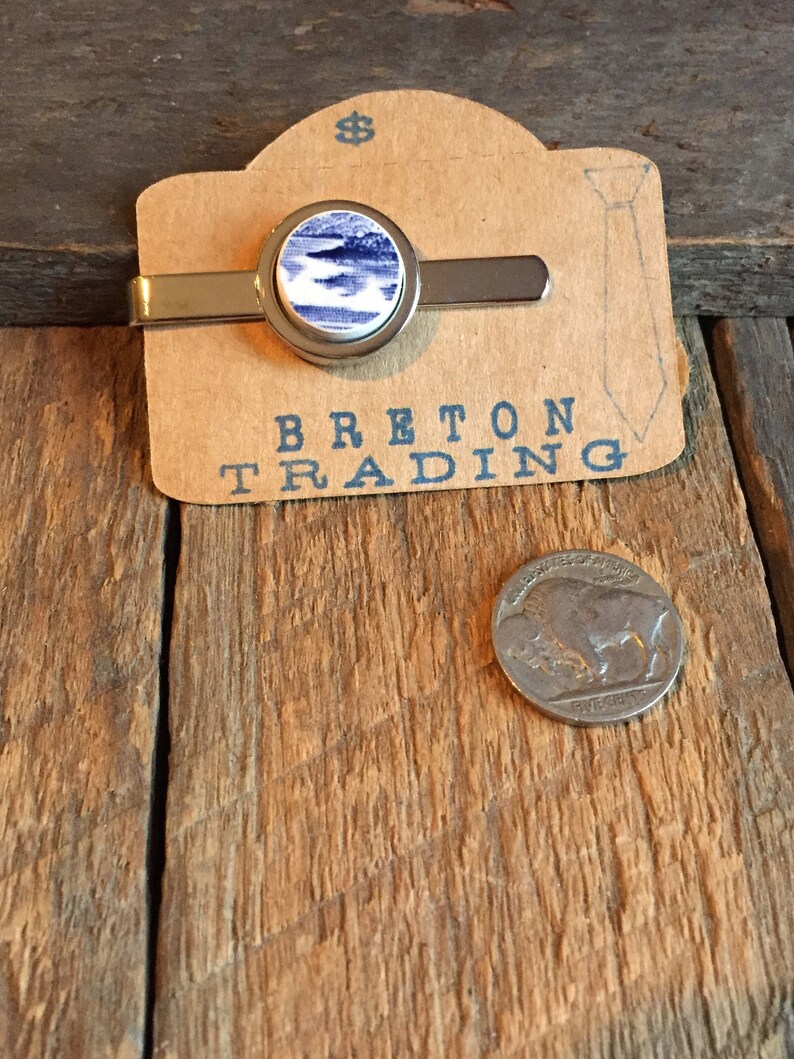 One of a Kind Artifact Jewelry OOAK Mens Blue China w ocean Scene on Silver colored tie clip Historic Charleston Broken China Tie Bar