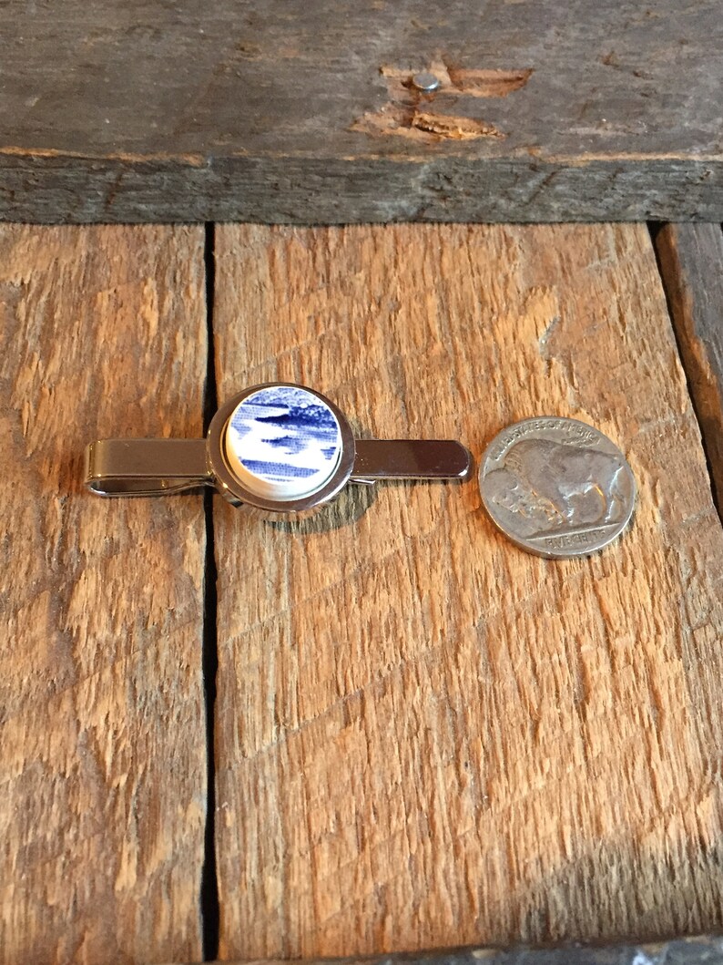 One of a Kind Artifact Jewelry OOAK Mens Blue China w ocean Scene on Silver colored tie clip Historic Charleston Broken China Tie Bar