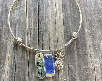 Historic Broken China wire bangle- Artifact Jewelry, Blue China charm bracelet with Charleston and pineapple charm OOAK One of a Kind