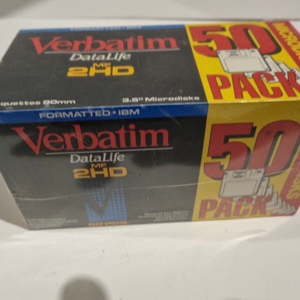 New Sealed Verbatim Floppy Disk 3.5" Retro Vintage PC Diskettes Box 2HD IBM Data 50 pack 45 open box PC windows 80s 90s