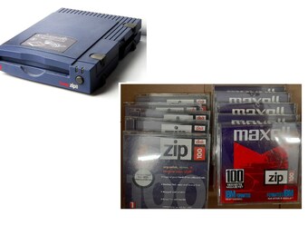 Zip disk drive 100mb 10x maxell Iomega disks + parallel cable + power chord vintage storage 1gb retro lot used windows pc w case blue