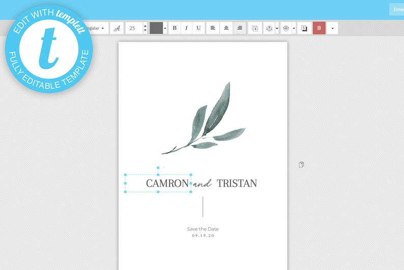 Watercolor greenery save the date templett 5x7 100/% editable print yourself instant download