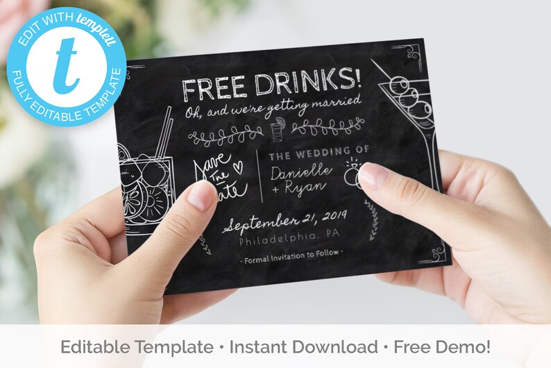 Free drinks save the date cocktail version chalkboard | Etsy