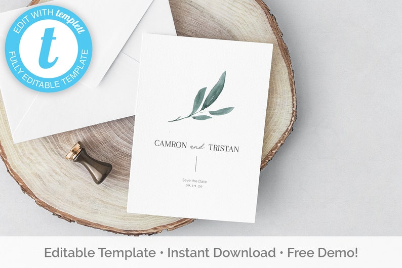 Watercolor greenery save the date templett 5x7 100/% editable print yourself instant download