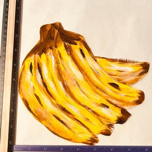 Può includere: Un'illustrazione dipinta a mano di un casco di banane in tonalità di giallo e marrone. Un righello è posizionato lungo i bordi sinistro e inferiore, mostrando che l'opera misura circa 24 cm in altezza e 20 cm in larghezza.