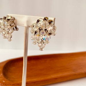 May include: A pair of silver clip-on earrings with a cluster of clear crystal beads hanging from each earring.