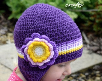 Handmade Crochet hat for girls, Flower hat, Purple Hat