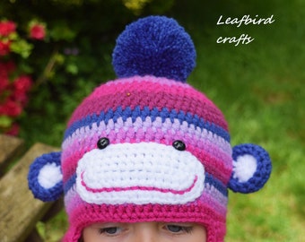 Handmade Socks Monkey hat, Kids hat, Character hat, Socks Monkey hat with pom pom, Striped Socks Monkey hat, Ready to ship