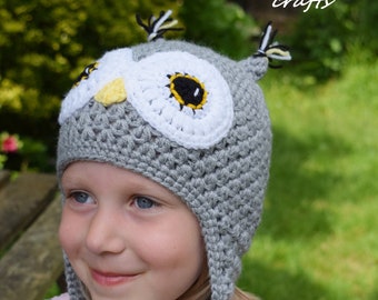 Handmade Crochet Owl hat, Grey owl hat, Girls hat, Character Hat, Bird hat, Party hat, Ready to ship