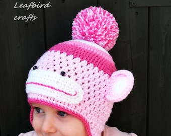 Handmade Socks Monkey hat, Kids hat,  Character hat, Socks Monkey hat with pom pom, Pink Socks Monkey hat