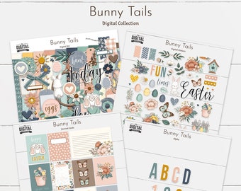 May include: A digital clipart collection for Easter featuring bunnies, eggs, flowers, and spring-themed elements. The collection includes a digital paper pack, journal cards, stickers, and an alphabet. The colors are pink, blue, green, and yellow.