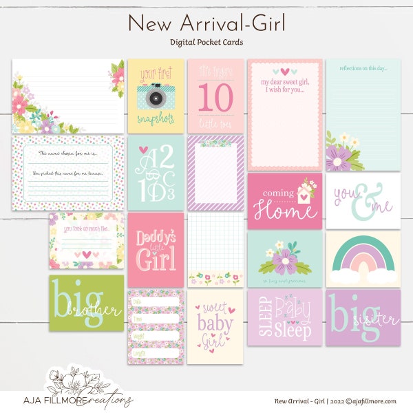 New Arrival Baby Girl Digital Journaling Cards, Project Life baby girl digital cards, baby girl scrapbooking cards, baby girl pocket cards
