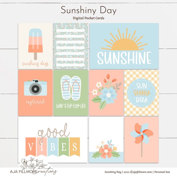 Sommer digitale Scrapbooking Karten, Sommer Taschenkarten, Sommer digitale Karten, Sommer digitales Kit, Sommer Scrapbook, Journal Karten