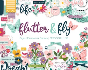 Spring Digital Scrapbooking Embellishments Kit | Elements Butterflies Flowers Banners | Instant Download Junk Journal Digital Stickers PNG