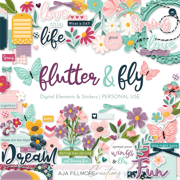 Flutter & Fly Digital Scrapbooking Embellishments, everyday scrapbooking elements, minimalist scrapbooking embellishments, digital stickers