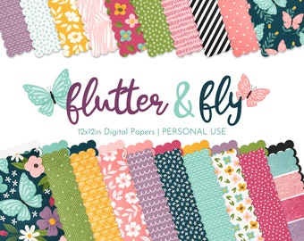 Flutter & Fly Digital Scrapbooking Patterned Papers, spring scrapbooking paper, digital scrapbook paper
