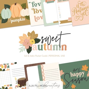 May include: A set of printable pocket cards with autumn themes. The cards feature illustrations of pumpkins, leaves, and flowers. The text on the cards includes "sweet autumn", "my happy season", and "it is autumn yet".