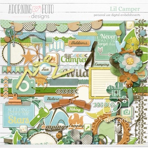 Lil’ Camper Digital Scrapbooking Embellishments, camping digital scrapbook elements, camping