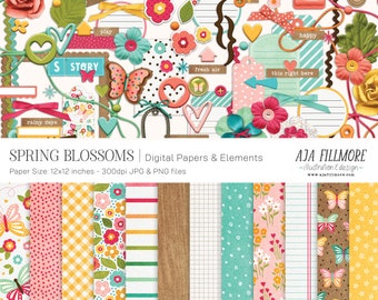 May include: A digital paper pack with a spring theme featuring butterflies, flowers, and polka dots. The pack includes 12x12 inch papers in JPG and PNG formats. The text "Spring Blossoms" is at the top of the image.