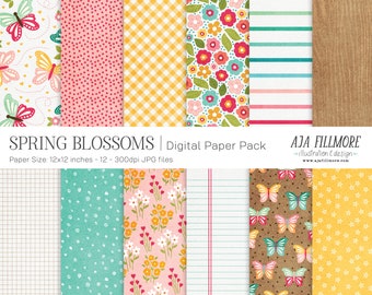 May include: A digital paper pack with 12 spring-themed patterns. The patterns include butterflies, flowers, polka dots, gingham, stripes, and more. The paper pack is 12x12 inches and 300dpi.