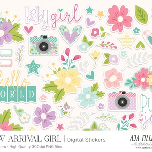 Printable Stickers | digital stickers, planner stickers, baby girl digital stickers, baby girl stickers, printable sticker sheet, stickers