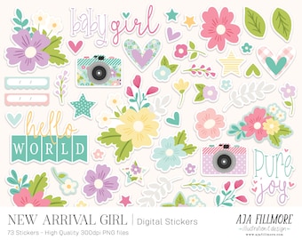 Printable Stickers | digital stickers, planner stickers, baby girl digital stickers, baby girl stickers, printable sticker sheet, stickers