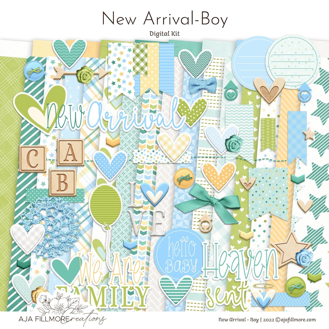 New Arrival Baby Digital Scrapbooking Kit, Baby Boy Scrapbooking Paper