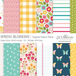Spring Digital Paper Pack, Butterfly Floral Scrapbook Paper, Gingham, Pastel Patterns, Printable Backgrounds, Card Making, 12x12 paper
