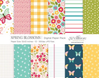 Spring Digital Paper Pack, Butterfly Floral Scrapbook Paper, Gingham, Pastel Patterns, Printable Backgrounds, Card Making, 12x12 paper