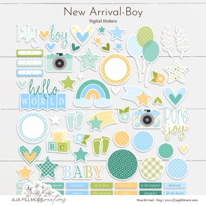 New Arrival Baby Digital Scrapbooking stickers, baby boy scrapbooking stickers, baby boy stickers, baby boy digital stickers, baby boy