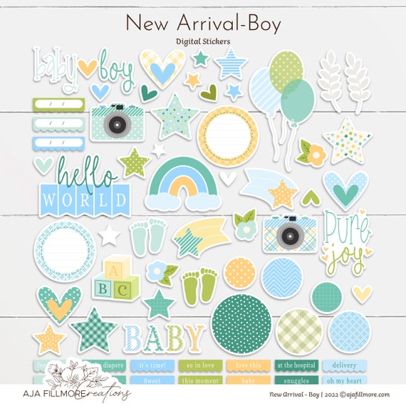 New Arrival Baby Digital Scrapbooking stickers, baby boy scrapbooking  stickers, baby boy stickers, baby boy digital stickers, baby boy