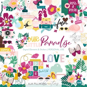 Our Little Paradise Digital Scrapbooking Embellishments, tropical scrapbooking elements, summer scrapbooking embelishments, tropical sticker