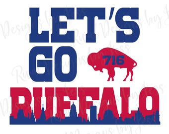 May include: Let's Go Buffalo! Red and blue graphic with a buffalo silhouette and the city skyline.