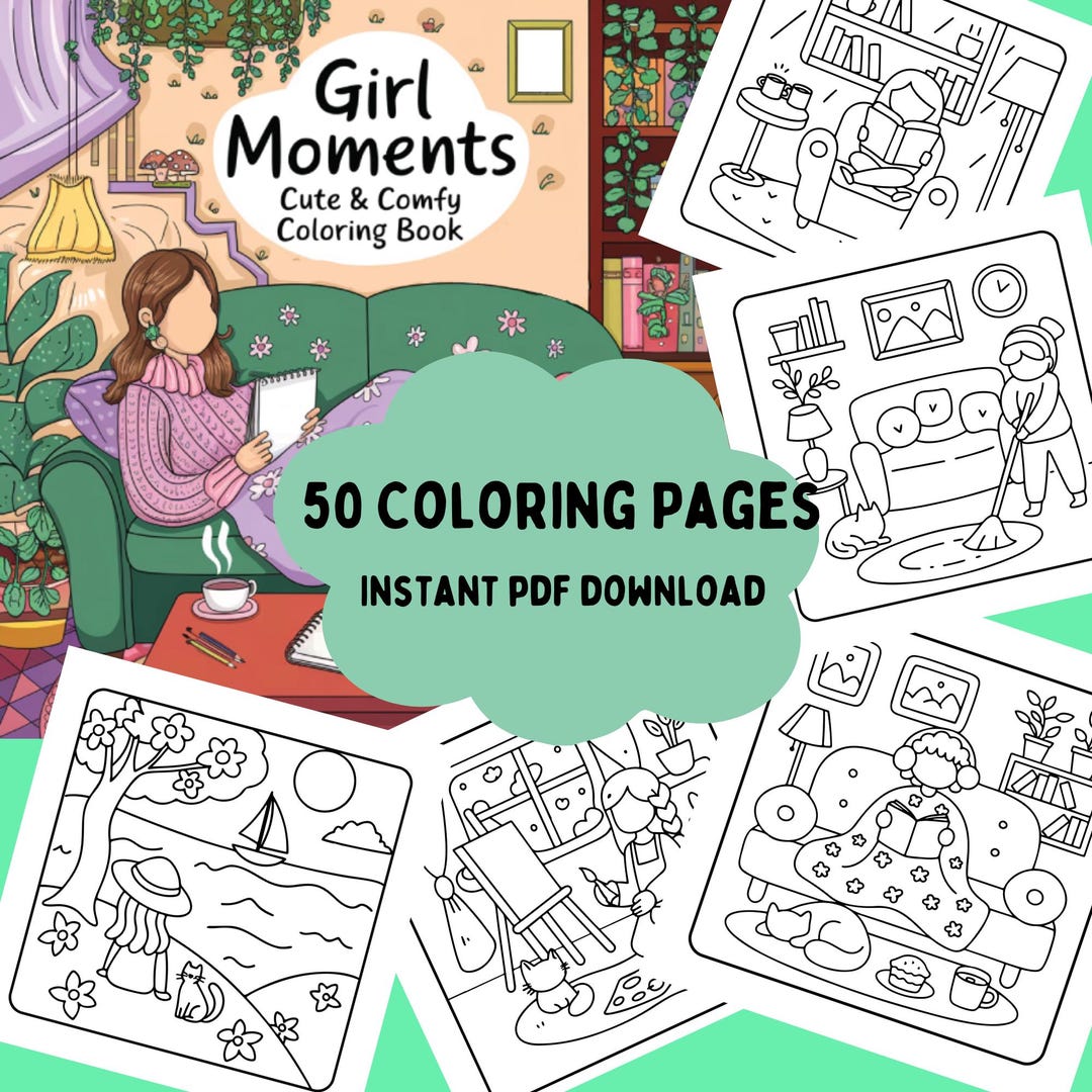 Girl Moments Coloring Book With Cover - 50 Coloring Pages Stress Relief ...