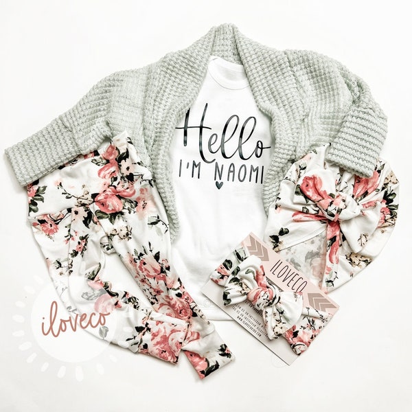 Handmade Baby Girl Outfit / Hand-Dyed Light Sage / Rose Pink Cardigan / Photo Outfit/  Baby Girl Gift /  Handmade Floral Leggings / Cardigan