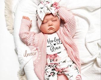 Handmade Baby Girl  Outfit / Baby Rose Pink Cardigan / Photo Outfit /  Baby Girl Gift /  Handmade Floral Leggings / Cardigan