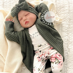 Handmade Baby Girl Outfit / Olive Waffle Cardigan / coming home Outfit /  Baby Girl Gift /  Handmade hospital outfit  / Cardigan