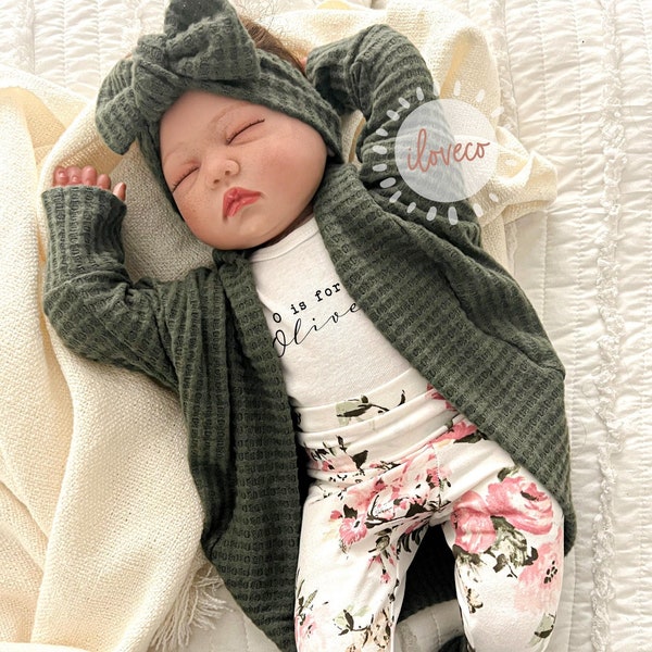 Handmade Baby Girl Outfit / Olive Waffle Cardigan / coming home Outfit /  Baby Girl Gift /  Handmade hospital outfit  / Cardigan