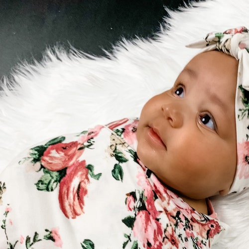 Newborn Mauve Floral on Ivory Swaddle Set With Turban AND Etsy