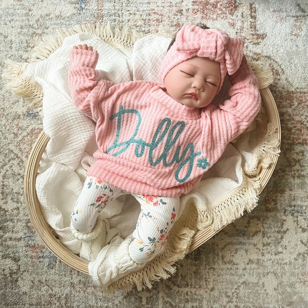 Handmade Baby Girl Name sweater / Oversized Sweater Daisy Ivory Waffle / Baby Girl Gift /  Handmade Floral Leggings /Baby Outfit Pullover
