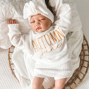 Handmade Baby Girl Outfit / Oversized Sweater Ivory Waffle / Baby Girl Gift /  Newborn coming home outfit / Embroidered Sweater