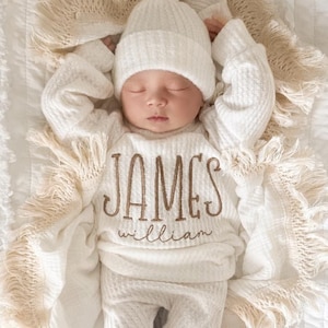 Handmade Embroidered Baby Boy Outfit: Ivory Waffle Knit Sweater