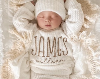 Handmade Embroidered Baby Boy Outfit: Ivory Waffle Knit Sweater