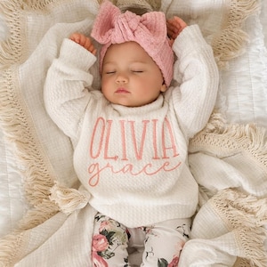 Handmade Baby Girl Outfit: Embroidered Waffle Sweater, Floral Leggings