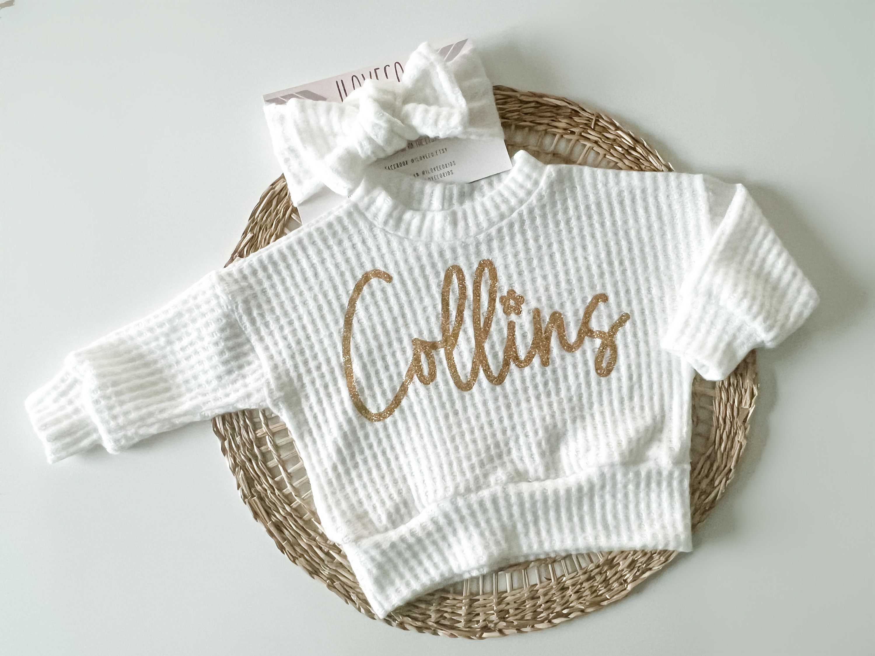 Handmade Baby Girl Outfit / Oversized Sweater Daisy Ivory Waffle / Baby Girl Gift /  Handmade Floral Leggings / Olive Baby Outfit Pullover