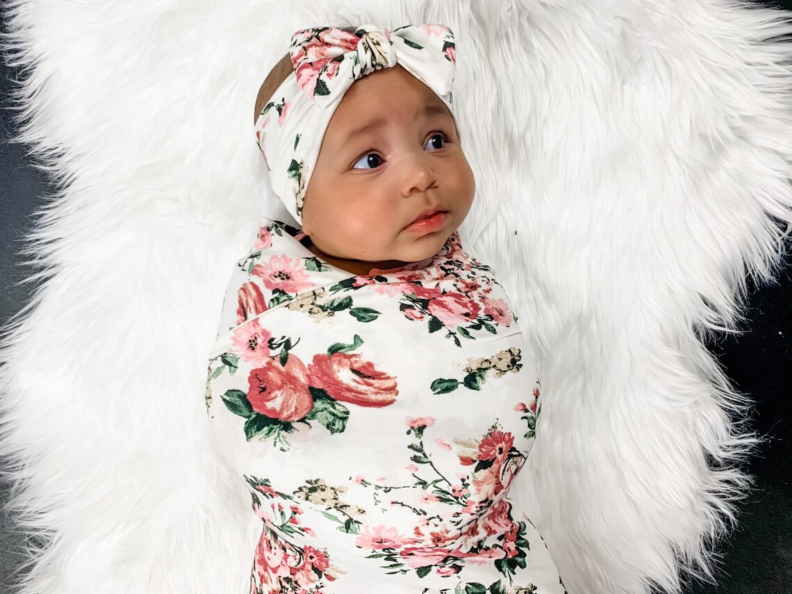 SALE / Newborn Swaddle and Headband Set / Newborn Mauve Floral Etsy