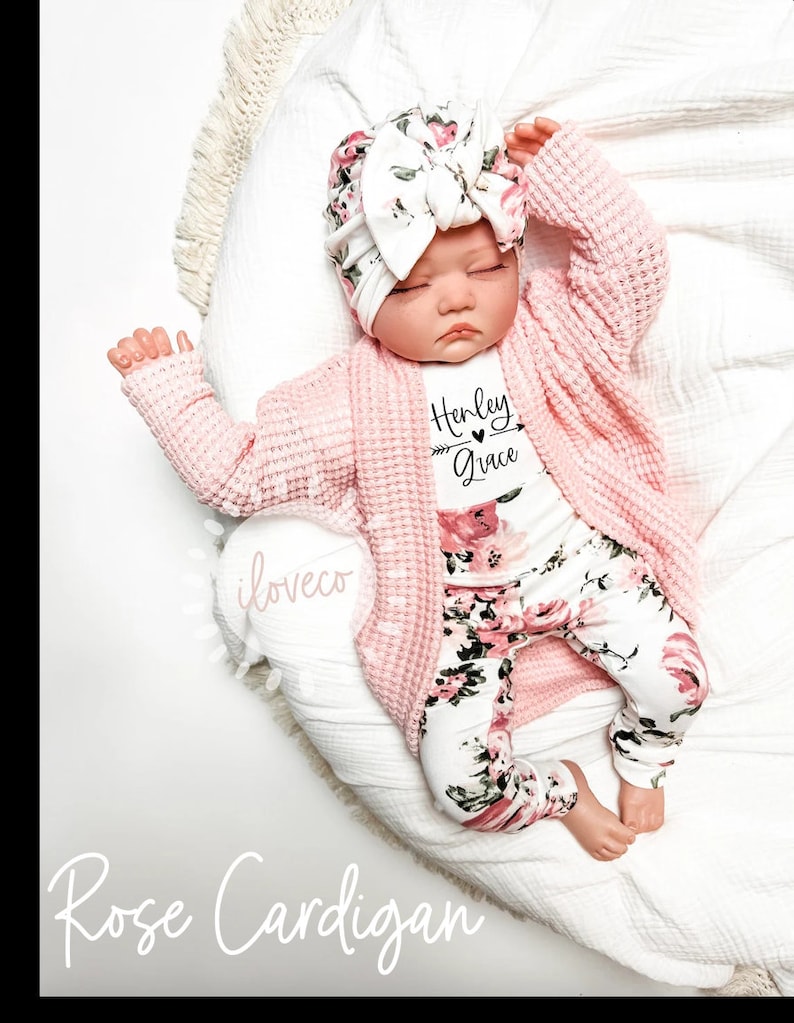 Handmade Baby Girl Outfit / Baby Rose Pink Cardigan / Photo Outfit / Baby Girl Gift / Handmade Floral Leggings / Cardigan imagem 7